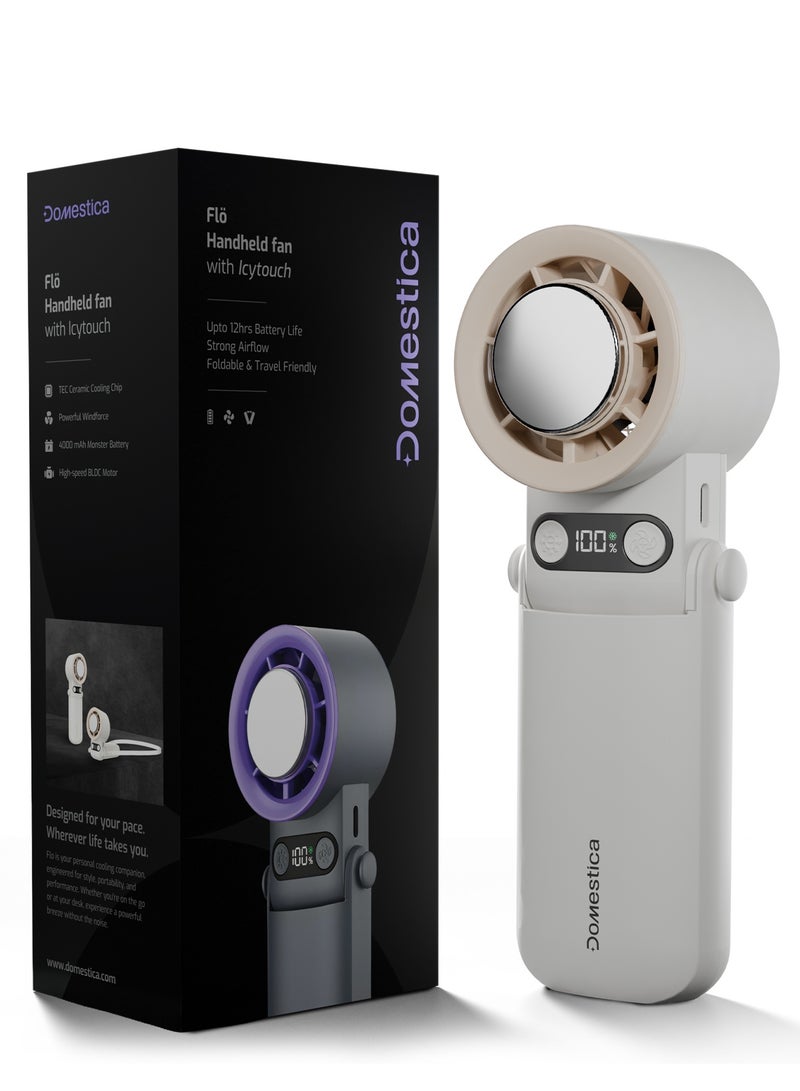 DOMESTICA Flö Portable Handheld Fan, 20000 RPM with IcyTouch™, 4000mAh USB Rechargeable Battery [Up to 12H], | Mini Pocket Hand Fan | Foldable Rechargeable Personal Fan, for Travel, Indoor & Outdoor Use Vanilla Pearl - Image 1